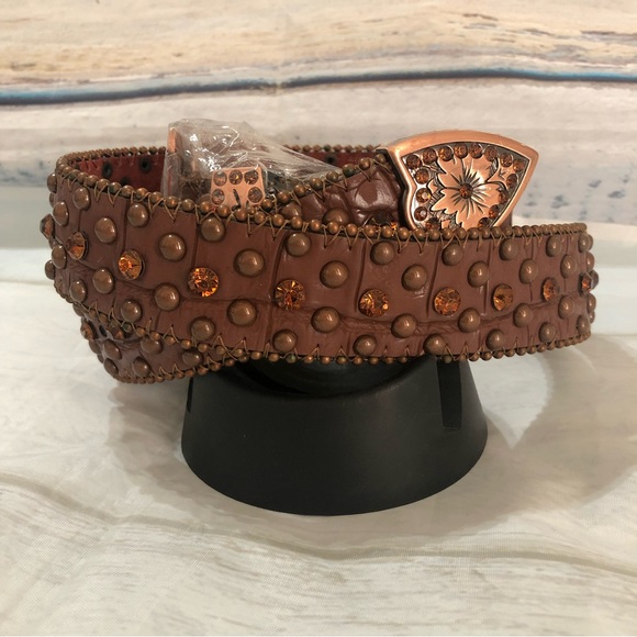 Womens Western Leather Buckle Belt Studded Cowgirl Brown Size Small - Picture 10 of 13
